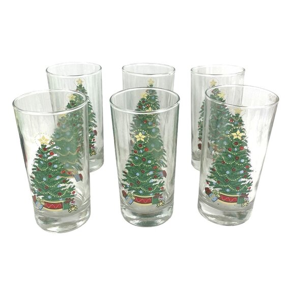 Set Of 6 Christmas HOMCO Tree Highball Glasses - Picture 1 of 6